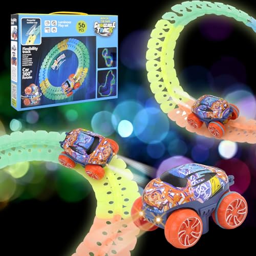 56pcs Autorennbahn Rennbahn, Kinder Rennbahn Spielzeug, Light-up Suction Cup Track, Rennauto Spielzeug mit LED Lichtern, Geburtstag Weihnachten Geschenk Spielzeug für Kinder von HENGBIRD