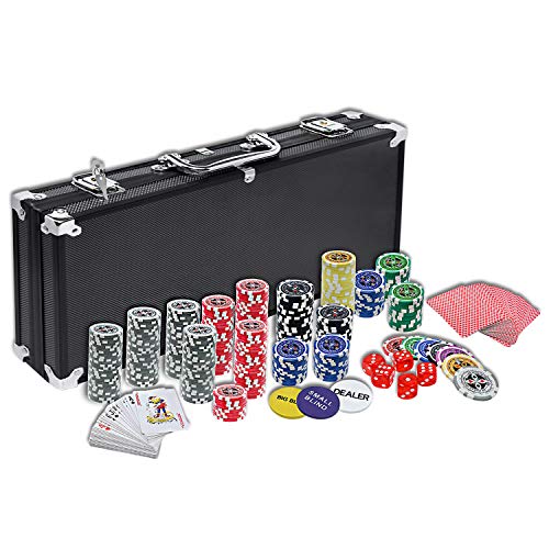 HENGMEI Pokerkoffer Pokerset mit 500 Laser Pokerchips Pokerkarten Zubehör inkl. 2X Pokerdecks, Alu Pokerkoffer, 5X Würfel, 3X Dealer Button, Poker, Pokerchips, Koffer, Jetons von HENGMEI