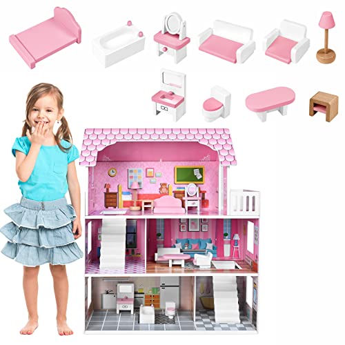 HENGMEI Puppenhaus Kinder Holz Puppenvilla 3 Etagen Haus Dollhouse Set Mädchen Spielset mit Möbeln und Zubehör, Puppenhäuser für Kinder, Mädchen (Typ A, 60x24x70cm) von HENGMEI