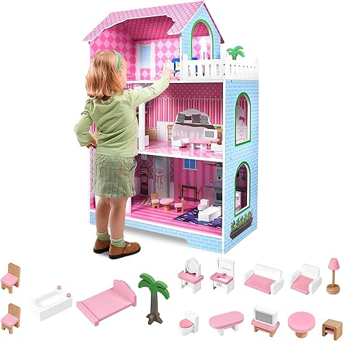 HENGMEI Puppenhaus Kinder Holz Puppenvilla Dollhouse Set Mädchen Spielset 3 Etagen Haus mit Möbeln und Zubehör, 70x30x100cm Puppenhäuser für Kinder (Typ B) von HENGMEI