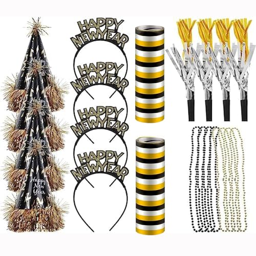 2025 Silvester Dekoration Set Silvester Fringe Kegel Hut mit Folie Quaste Fringe Schimmer Stirnband Blowouts Gebläse Perlenkette für Kinder Erwachsene Silvester Party von HEREER