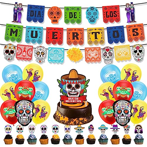 Day of The Dead Decorations Dia DE Los Muertos Banner Balloons Skull Garland Cake Toppers for Dia De Los Muertos Day of the Dead Halloween Party Decoration von HEREER