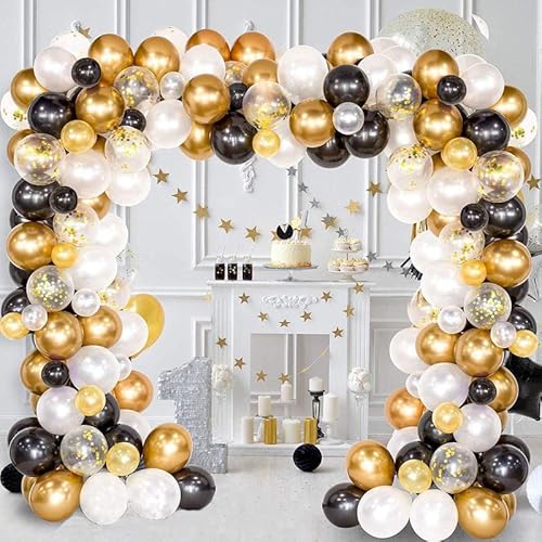 Neujahr 2024 Dekorationen Ballon Kits Schwarz Gold Ballon Girlande Arch Kit – 120 Stück Schwarz Gold Weiß Konfetti Latexballons mit Werkzeug für Neues Jahr Party Dekorationen von HEREER