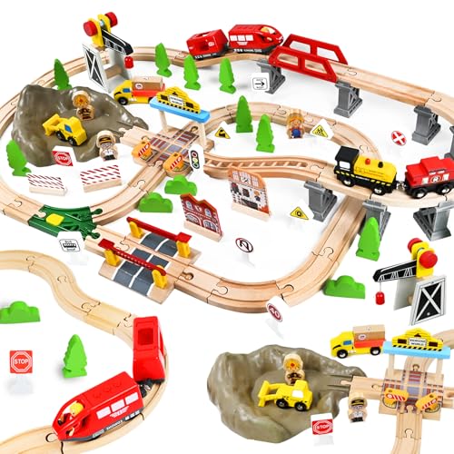 HERMORRYSS Holzeisenbahn Set, 100-teiliges Holzeisenbahn Schienen und Zugspielzeug mit Magnetkran, Modelleisenbahn-Set, Spielzeugeisenbahn-Set für Kinder, Geschenk für Jungen und Mädchen ab 3 Jahren HERMORRYSS Holzeisenbahn Set, 100-teiliges Holzeisenbahn Schienen und Zugspielzeug mit Magnetkran, Modelleisenbahn-Set, Spielzeugeisenbahn-Set für Kinder, Geschenk für Jungen und Mädchen ab 3 Jahren von HERMORRYSS