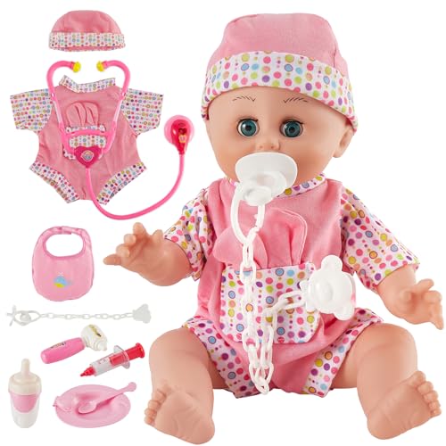 HERSITY Babypuppen Spielset mit 12 Ton und Automatisches Öffnen und Schließen Augen, Puppen Kleider Doktorkoffer Kinder, Lernspielzeug Rollenspiele 2 3 Jährige Mädchen von HERSITY