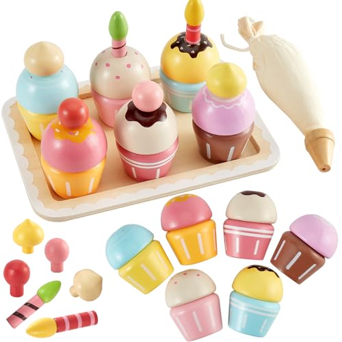 HERSITY Cupcake Spielzeug Torten, Holzspielzeug Küche Gebäck Kinderküche mit Palette, Rollenspiele Kinder Geburtstagsgeschenk für Mädchen 3 4 5 Jahren von HERSITY