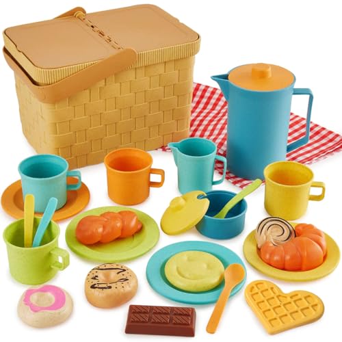 HERSITY Picknickkorb Kinder Teeservice Spielküche, Picknick Kinder Set mit Decke, Tee Set mit Dessert Spielzeug Outdoor, Geschenk für Jungen Mädchen 3 4 5 Jahre von HERSITY