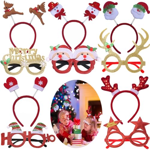 HETITU 10 PCS Weihnachts haarreifen und Weihnachten Brillen, Weihnachtsbaum Stirnbänder Partybrille Weihnachten Brille für erwachsene Kinder Weihnachtsfeier Xmas Party Kopfschmuck von HETITU