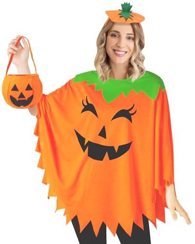 HEYFIZZ Kürbis-Kostüm für Damen, Halloween-Kürbis-Poncho für Erwachsene, Halloween-Kostüm für Damen mit Zubehör, 3 Stück von HEYFIZZ