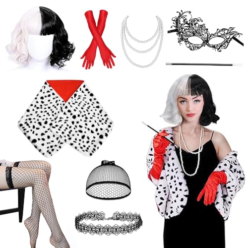 Cruella Devil Kostüm Damen, 9 PCS Perücke Cruella Deville Kostüm, Cruella Devil Perücke mit Faux Schal Handschuhe, Perückenkappe, Spitze Maske, Halsketten, Netzstrümpfe, Holder, Perlenkette Halskette von HEYIDAMAI