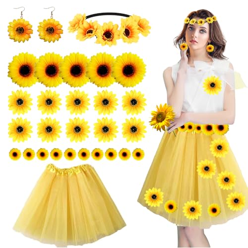 Damen Sonnenblumen Kostüm, +Tutu Rock Gelb Tüllrock + 1 Paar Sonnenblumen baumeln Ohrring + Sonnenblumen Stirnband Haarschmuck + 25pcs Sonnenblumen Blütenköpfe für Karneval Mottoparty Cosplay von HEYIDAMAI