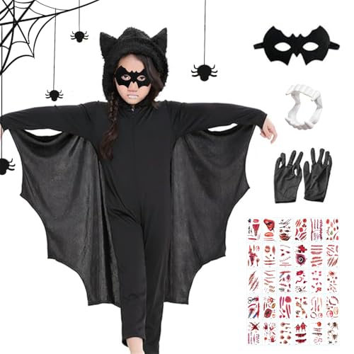 Fledermaus Kostüm Kinder, Fledermaus Cape Kinder Kostüm Overall, Mit Vampirzähne, Fledermaus Maske,Tattoo-Aufkleber und Handschuhe,für Mädchen Junge Halloween Cosplay Fasching Karnevals Kostüme von HEYIDAMAI