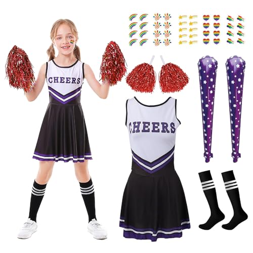 HEYIDAMAI Cheerleader Kostüm Kinder, Cheerleading Uniform Kleid, Kostüm Cheerleader Mädchen, Cheerleadering Outfit Mädchen, mit Pompons, Socken, Aufblasbare Cheer Sticks, Regenbogen Tattoos. von HEYIDAMAI