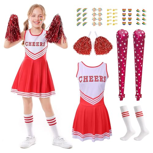 HEYIDAMAI Cheerleader Kostüm Kinder, Cheerleading Uniform Kleid, Kostüm Cheerleader Mädchen, Cheerleadering Outfit Mädchen, mit Pompons, Socken, Aufblasbare Cheer Sticks, Regenbogen Tattoos. von HEYIDAMAI