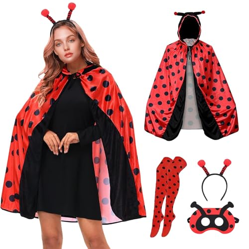 Marienkäfer Kostüm Damen, Marienkäfer Umhang Erwachsene, Marienkäfer Cape Erwachsene, Lady Bug Kostüm Damen, Karnevals Marienkäfer Cape mit Kapuze, für Karneval Cosplay, Fasching, Mottoparty von HEYIDAMAI