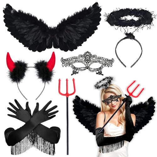 Schwarzer Engel Kostüm Damen, Kostüm Damen Engel und Teufel, Teufel Kostüm Damen Set, mit Heiligenschein, Teufelshörner, Teufelsgabel, Handschuhe Mask, Damen Mädchen Kostüm Halloween Fasching. von HEYIDAMAI