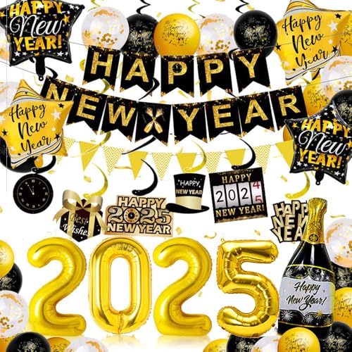 Silvester Deko 2025, New Year Decoration Set, Happy New Year Deko Banner, Schwarz Gold Luftballons Deko Silvester Party Set, Folienballons, Spiral decoration, Konfetti Ballons und Zahlen Ballons. von HEYIDAMAI