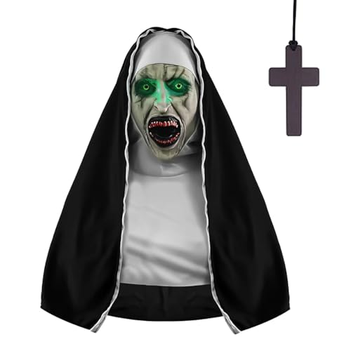 The Nun Maske Horror, Halloween Maske The Nun, Gruselige Masken,mit Grünes Licht und Kreuz-Halskette, Halloween Maske Nonne Cosplay Kostüm Gruselige Halloween Deko, Perfekt für Horror-Enthusiasten von HEYIDAMAI