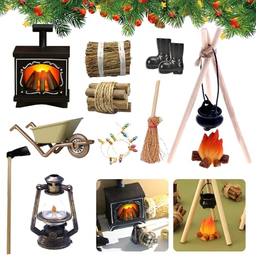 Wichtel Zubehör Kamin Set, Puppenhaus Kamin mit Licht, Miniatur Kamin, Wichtel Zubehör Feuerstelle, Petroleumlampe, Heuhaufen, Miniatur Bunte Lampe, Hacke, Gummistiefel, Karren, Besen, Brennholz Wichtel Zubehör Kamin Set, Puppenhaus Kamin mit Licht, Miniatur Kamin, Wichtel Zubehör Feuerstelle, Petroleumlampe, Heuhaufen, Miniatur Bunte Lampe, Hacke, Gummistiefel, Karren, Besen, Brennholz von HEYIDAMAI
