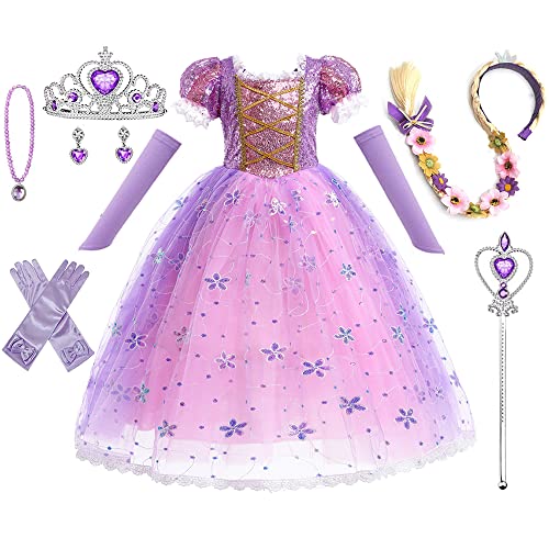 8-Teiliges Set Prinzessin Kleid Mädchen,Karneval Kostüm Mädchen,Kostüm Eiskönigin,mit Zauberstab Kinder,Krone Mädchen, 7 Zubehör,für Weihnachten Verkleidung Karneval Halloween Geburtstag Party(130 cm) von HEYOUTH