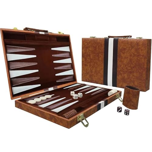 Backgammon,Backgammon Reise,Backgammon Koffer,2 Spieler Klassisches Backgammon-Set mit hochwertiger Ledertasche Tragbares und Reise-Backgammon-Set ür Erwachsene Brettspiel (Braun,15 Zoll) von HEYOUTH