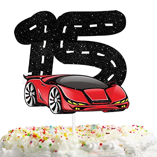 Auto Cake Topper Pick für Rennauto Thema Dekorationen Baby Shower Junge Mädchen Fifteen Year Old Happy Birthday Party Dekorationen Dekor Supplies Schwarz Glitzer von HEYUWING