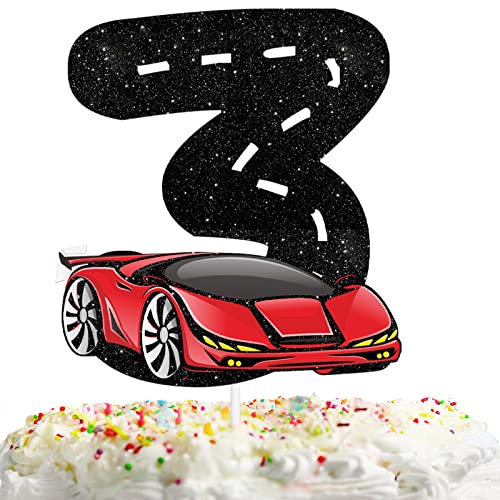 Auto Cake Topper Pick für Rennauto Thema Dekorationen Babyparty Junge Mädchen Drei Jahre alt Happy Birthday Party Dekorationen Dekor Supplies Schwarz Glitzer von HEYUWING