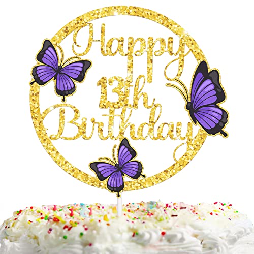 Lila Schmetterling 13 Kuchendekoration Pick für Natur Insekten Garten Thema Dekoration Dreizehn Drei Jahre alt Happy Birthday Party Dekor Supplies Gold Glitter von HEYUWING