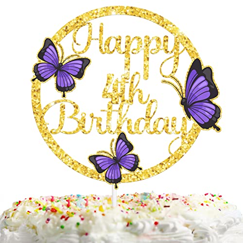 Lila Schmetterling 4 Kuchendekorationen Pick für Natur Insekten Garten Thema Dekoration Vier Jahre alt Happy Birthday Party Dekor Supplies Gold Glitter von HEYUWING