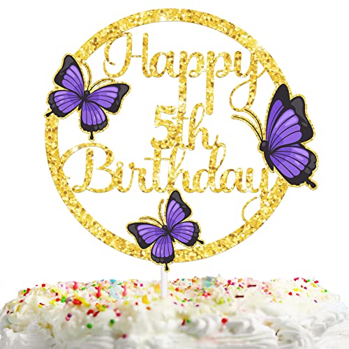 Lila Schmetterling 5 Kuchendekorationen Pick für Natur Insekten Garten Thema Dekoration Fünf Jahre alt Happy Birthday Party Dekor Supplies Gold Glitter von HEYUWING