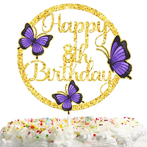 Lila Schmetterling 8 Kuchendekoration Pick für Natur Insekten Garten Thema Dekoration Acht Drei Jahre alt Happy Birthday Party Dekor Supplies Gold Glitter von HEYUWING