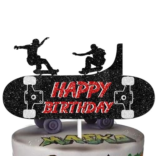 Schwarzer Glitzer-Skateboard-Kuchenaufsatz mit Cheer to Skateboarder Extreme Skateboarder Thema Dekorationen für Jungen und Mädchen, Happy Birthday Party Dekor Supplies von HEYUWING