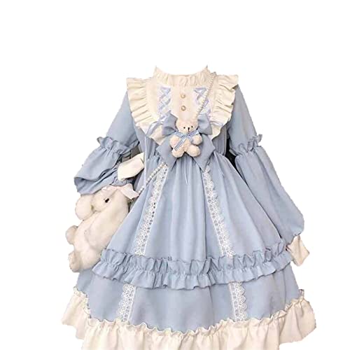 Kawaii Lolita Stil Kleid Frauen Spitze Dienstmädchen Kostüm Kleid Süß Japanisch Kostüm Süß Gothic Party Robe, blau, 30 von HFFYYQ