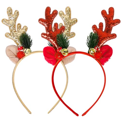 2 StüCk Weihnachten Geweih Haarreif, Geweih-Stirnband mit Glöckchen, Rentier Geweih Stirnband, Glitzer Weihnachten Haarreif, Weihnachts Kopfschmuck Damen, Weihnachts-Stirnbänder, Weihnachts Party von HFMYGS