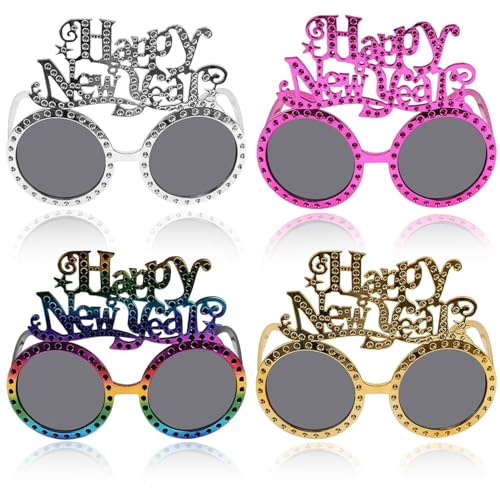 HFMYGS 4 Stück Happy New Year Brillen, Frohes Neues Jahr Brillen, Phantasie Neujahrsparty-Brille, Silvester Brillen, Für Erwachsene Kinder Neujahrsvorräte Deko, Lustige Silvester Brillen Rahmen von HFMYGS