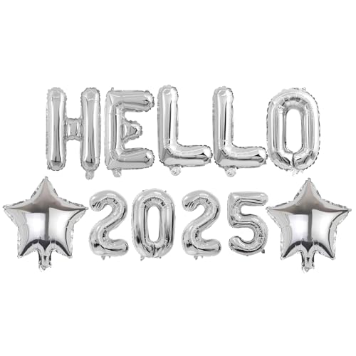 Hello 2025 Luftballons Neujahr Deko, Happy New Year Folienballon, 2025 Zahlenballon Banner, Silvester Party Deko Neujahr Ballon, Silvester Party Deko, Für Neujahr Happy New Year Deko (B-Silber) von HFMYGS