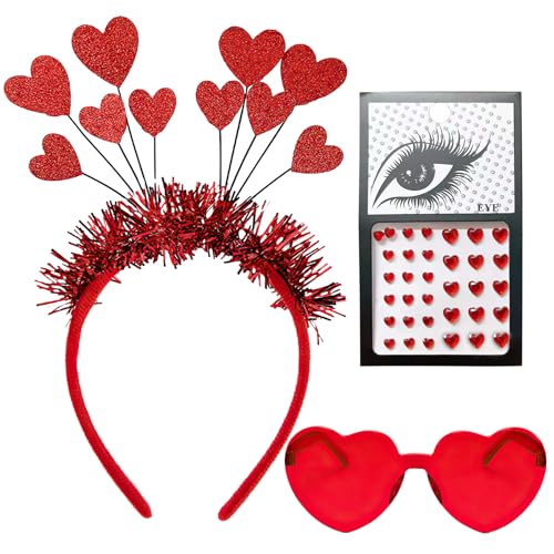 Rot Stirnband Glitzer Herz Brille Partybrille, Rot Herzen Aufkleber Kopfbedeckung Accessoires, Herzen Haarreifen Kinder Mädchen, Haarschmuck Für Valentinstag Hochzeit Geburtstag Festival Party von HFMYGS