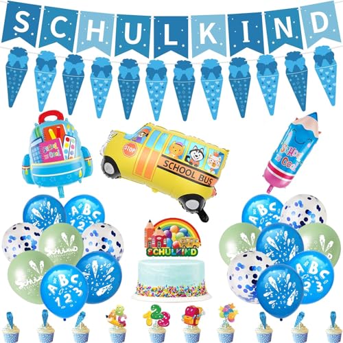 Einschulung Deko, Einschulung Junge Deko, SCHULKIND Girlande, Zuckertüten Girlande, Folienballon + Ballons + Schuleingangs-Kuchendekorationen Deko Set von HFVZCB