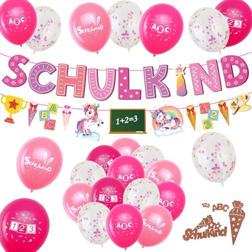 Einschulung Deko Mädchen, Schulkind Mädchen Deko, Schuleinführung Deko, Rosa Einhorn Schulanfang Mädchen Deko Set, "SCHULKIND"-Banner, Ballons, Buntes Konfetti-Glitzergold für Kinder von HFVZCB