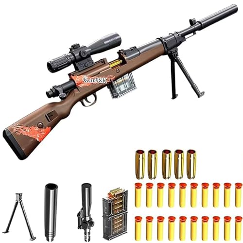 98K Soft Bullet Spielzeugpistole 65 Fuß Reichweite Sniper Rifle mit 15x Verstellbarer Lupe Sniper Rifle Manueller Auswurf DIY zusammengebautes Zubehör für Kinder über 7 Jahre für Spiele im Freien von HGFYE