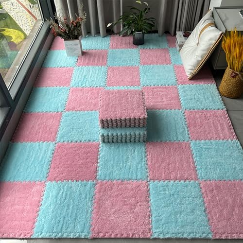 HGOuhKPlüsch-Puzzle-Schaum-Bodenmatte 10 Stück ineinandergreifende Plüschschaum-Bodenteppichmatte, quadratischer Puzzle-Schaumstoffteppich, DIY-Anti-Rutsch-Teppich Ineinandergreifende Teppichfliesen(P von HGOuhK