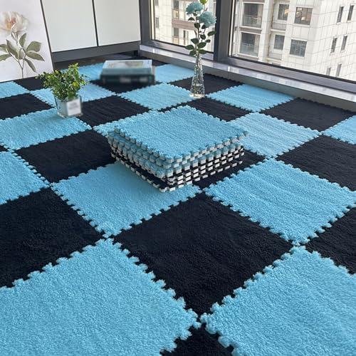 HGOuhKPlüsch-Puzzle-Schaum-Bodenmatte 8 ineinandergreifende Puzzle-Schaumstofffliesen, quadratischer Plüsch-Puzzle-Teppich, Schlafzimmer-Plüsch-Krabbelmatte, rutschfest Ineinandergreifende Teppichflie von HGOuhK