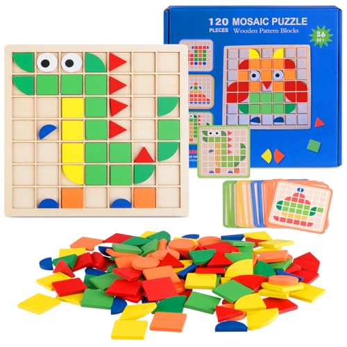 120PCS Mosaik Holzpuzzle, Montessori Spielzeug ab 3 4 5 6 Jahre, Tangram Kinder, Hölzerne Muster Blöcke Set mit 20 Designkarten, Geometrische Formen Holzpuzzles, Lernspielzeug Geschenk für Kinder von HGRGHH