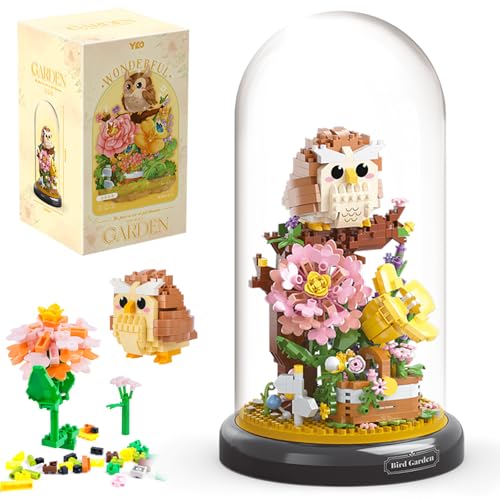 HGRGHH Klemmbausteine Blumen Eule, 1123 Stück Micro Blumen Bausteine, Eule Blumen Bausteine Set mit Staubdichter Kuppel & Sockel, Geschenk für Mädchen Jungs Kinder Erwachsene im Alter von 6-12+ Jahren von HGRGHH