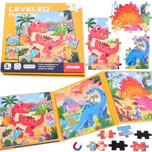 Magnet Puzzle, 97 Teilige Magnet Puzzle Kinder, 3 IN 1 Magnete Puzzle Buch für Kinder, Dinosaurier Magnetpuzzle für Kinder,magnet Puzzle ab 1 2 3 4 5 6 Jahre, für Reisespiele Roadtrip Flugzeug Lernmag von HGRGHH