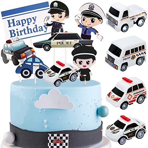 HGSHUO Auto Tortendeko Polizeiauto Kuchen Deko Geburtstag Cake Topper Happy Birthday Torte Deko Kindergeburtstag Kuchendeko Polizei Cupcake Topper Geburtstagsparty Kuchendekoration 12 Stück von HGSHUO