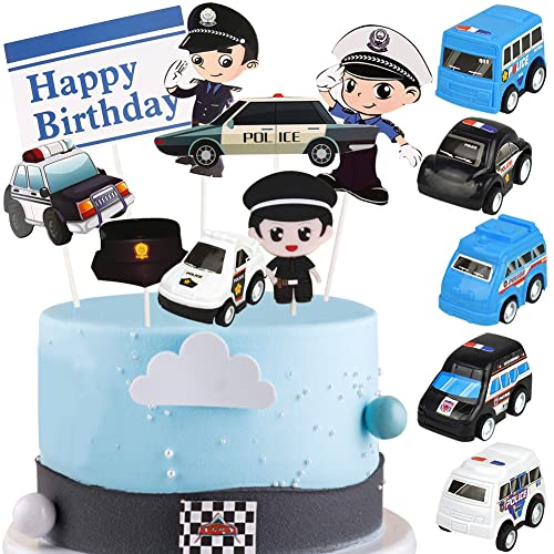 HGSHUO Auto Tortendeko Polizeiauto Kuchen Deko Geburtstag Cake Topper Happy Birthday Torte Deko Kindergeburtstag Kuchendeko Polizei Cupcake Topper Geburtstagsparty Kuchendekoration von HGSHUO