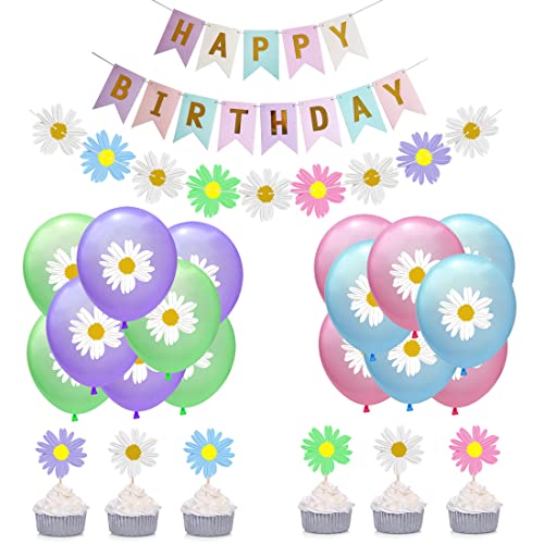 HGSHUO Gänseblümchen Geburtstagsdeko Blume Luftballons Alles Gute Zum Geburtstag Banner Blume Girlande Daisy Cupcake topper für Kinder Geburtstag Party Dekoration 24 Stück von HGSHUO