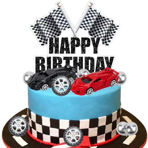 HGSHUO Rennwagen Tortendeko Geburtstag Kuchen Deko Racing Car Cake Topper Happy Birthday Torte Deko Auto Kuchendeko Kuchendekoration Rennen Cupcake Topper Kindergeburtstag von HGSHUO