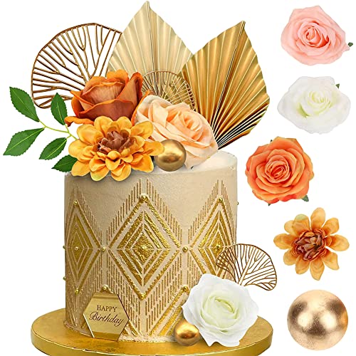 HGSHUO Tortendeko Boho Kuchen Deko Hochzeit Cake Topper Geburtstag Torte Deko Kugeln Palmblätter Kuchendekoration Blumen Kuchendeko Kugel Gold Kuchen Topper von HGSHUO